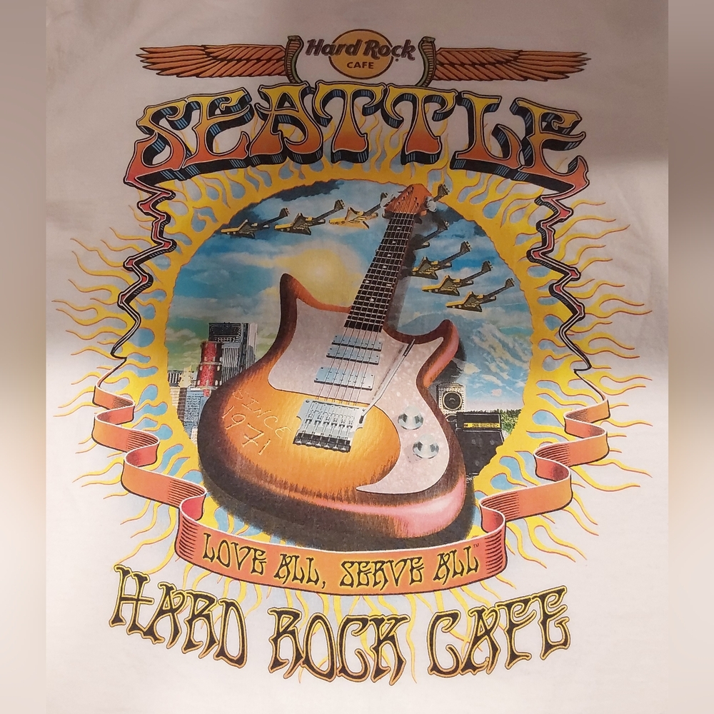 Hard Rock Cafe Seattle Graphic Tee with Orange and Blue